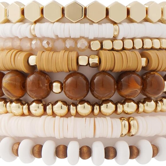 Surfer Heishi Clay Bead Bracelets for Women Bohemian Stackable Gold Beaded Stret - Picture 1 of 6